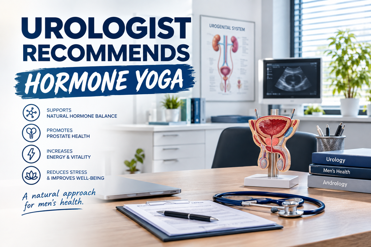Urologist recommends Hormone Yoga for Men – modern urology clinic illustration