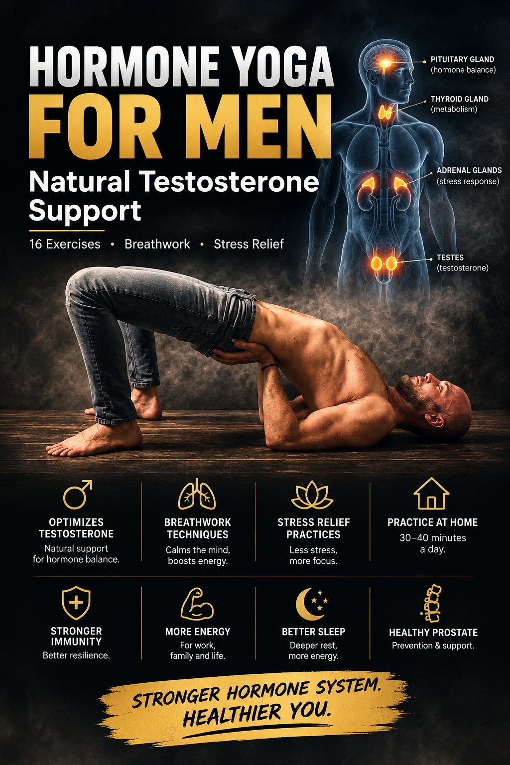 Hormone Yoga for Men — 16 exercises for natural testosterone support, better sleep, prostate health and stress relief. Certified instructor Petr Bavlsik.