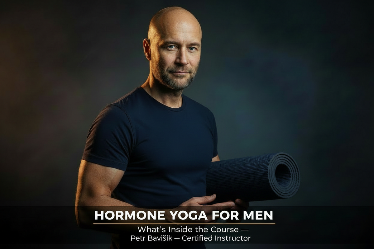 Petr Bavlšík – certified Hormone Yoga instructor holding a yoga mat, ready to guide men through the course