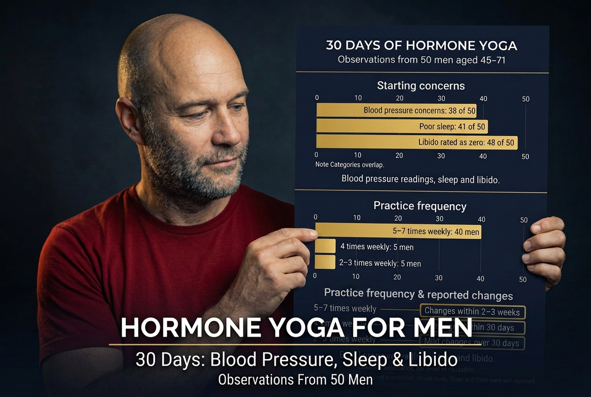 Peter Bavlsik in a red T-shirt holding and looking at an infographic about 30 days of Hormone Yoga, showing practice frequency and observations on blood pressure, sleep, and libido from 50 men.
