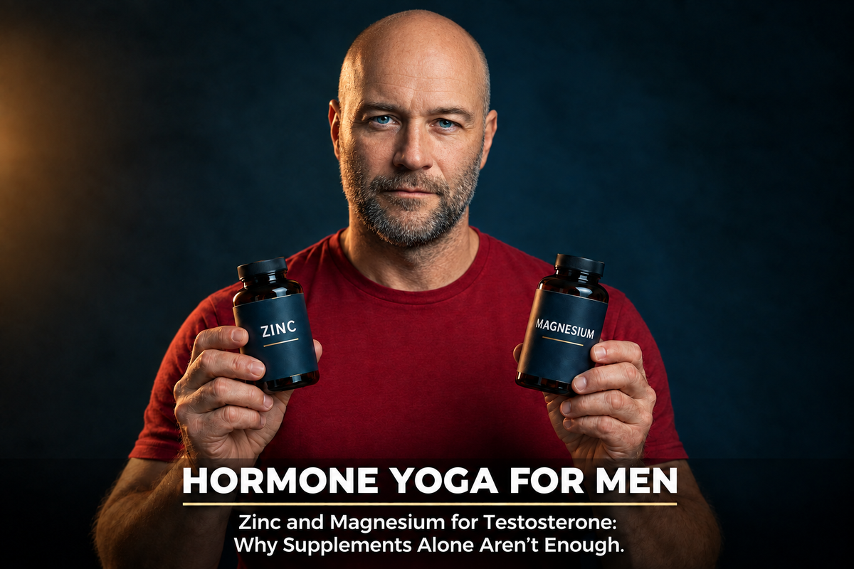 Peter Bavlsik in a red T-shirt holding bottles of zinc and magnesium supplements, with the headline “Zinc and Magnesium for Testosterone: Why Supplements Alone Aren’t Enough